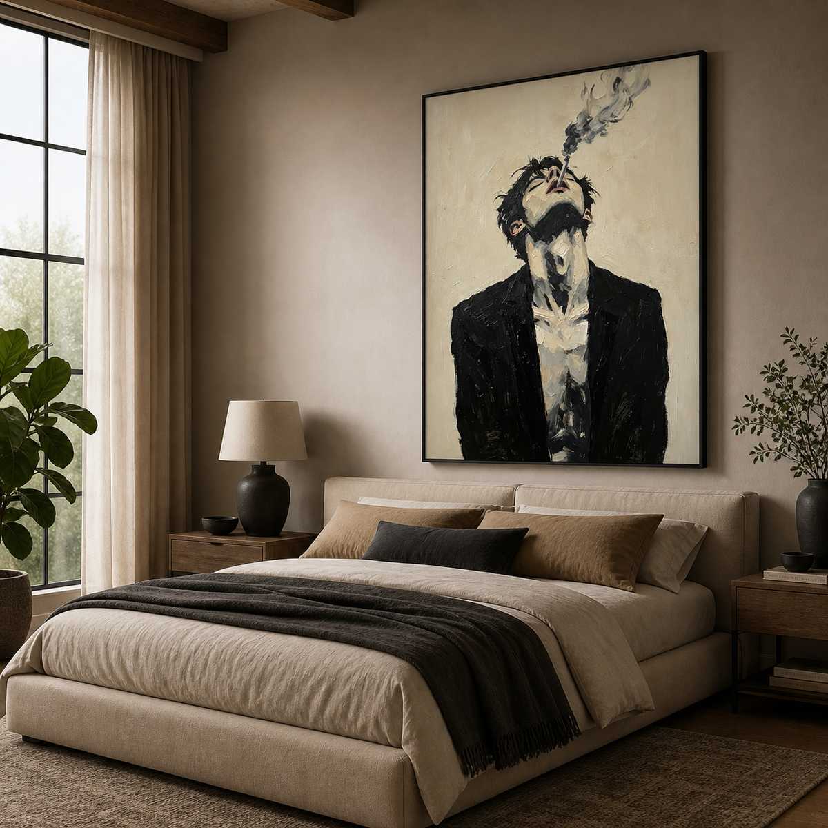Moody man portrait wall art showing a dark-suited figure exhaling smoke displayed above a neutral sofa.