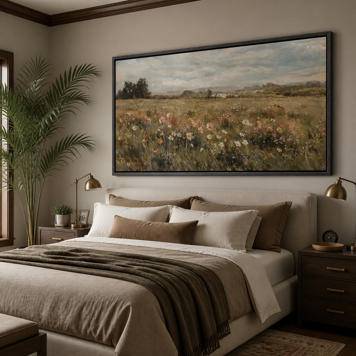 Panoramic neutral wildflower meadow wall art with muted pink and white flowers beneath a cloudy sky, displayed above a living room sofa.
