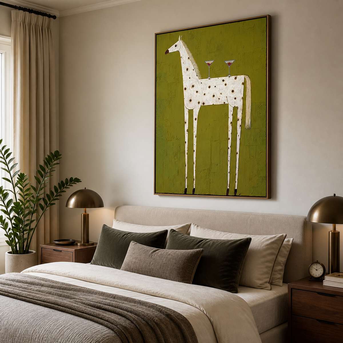 Whimsical white spotted horse wall art with two cocktail glasses on an olive-green background displayed above a sofa.