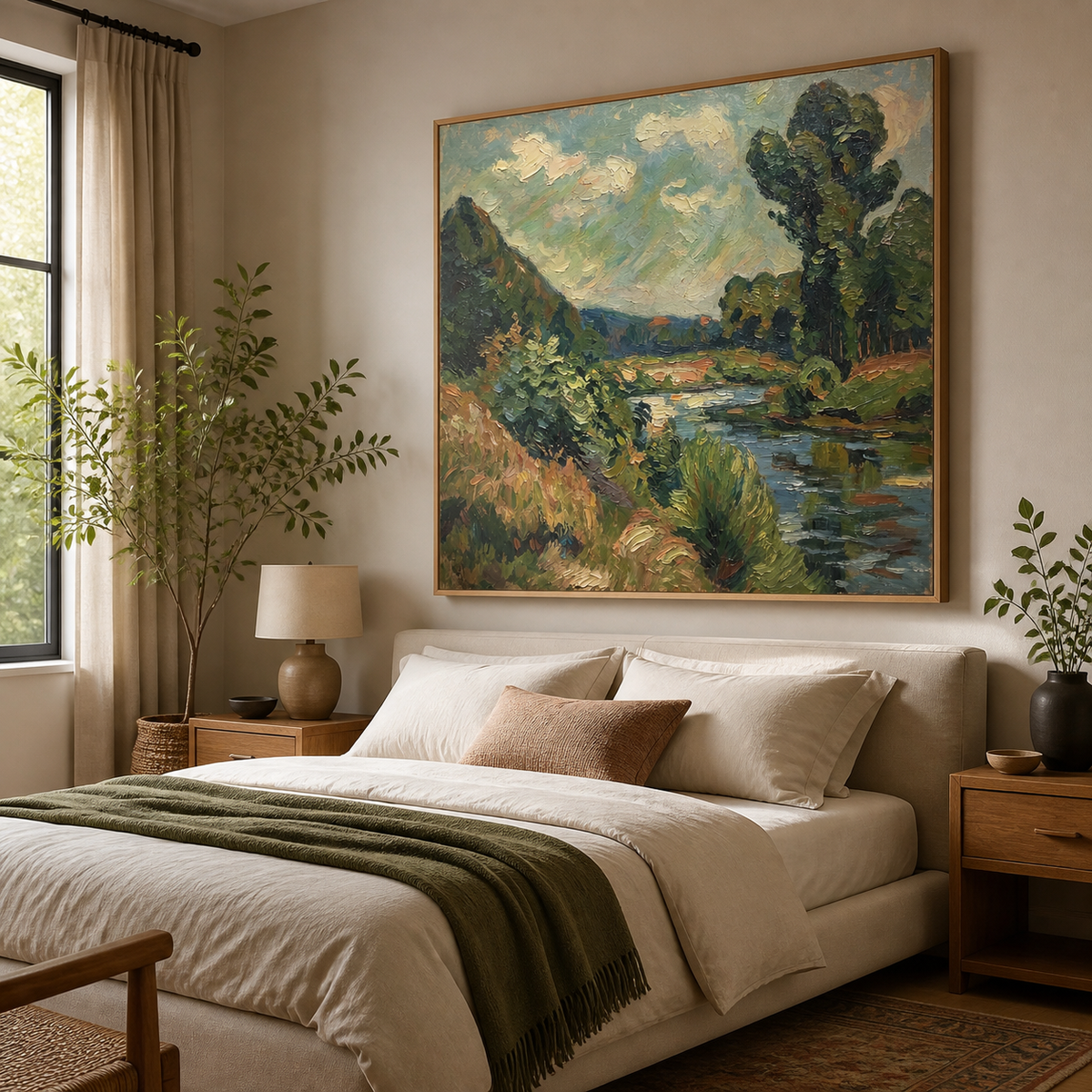 River landscape wall art with green trees, flowering banks and distant blue hills displayed above a leather sofa.