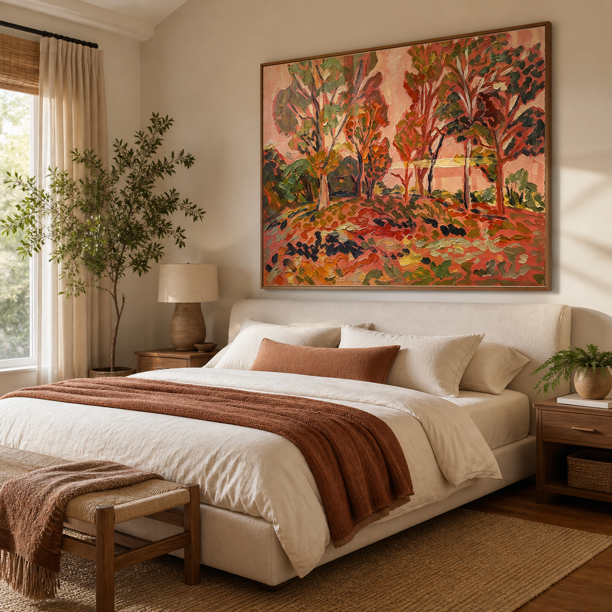 Red forest wall art with colorful autumn trees and warm orange ground displayed above a neutral sofa.