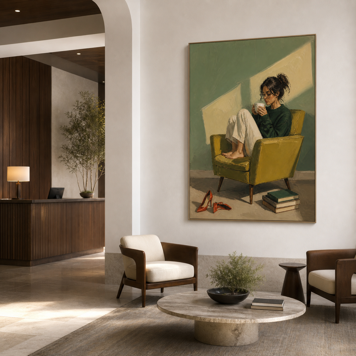 Woman drinking coffee wall art featuring a barefoot figure in glasses curled up in a mustard yellow chair beside red heels and stacked books.