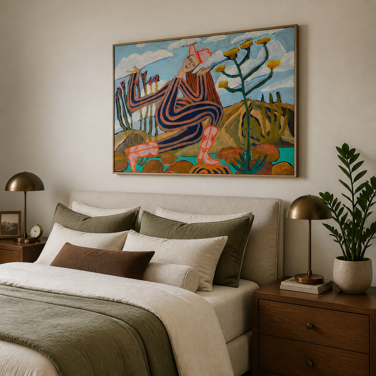 Colorful Southwestern figurative wall art with a seated striped figure, cactus plants and desert flowers above a sofa.