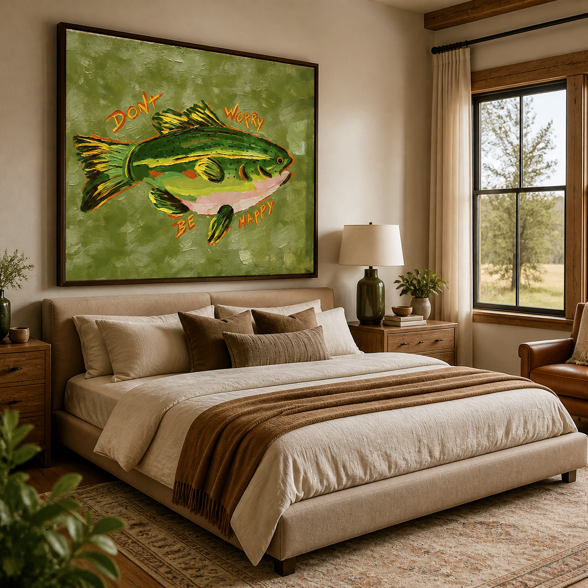 Green fish wall art with orange Don’t Worry Be Happy lettering displayed above a brown leather sofa.