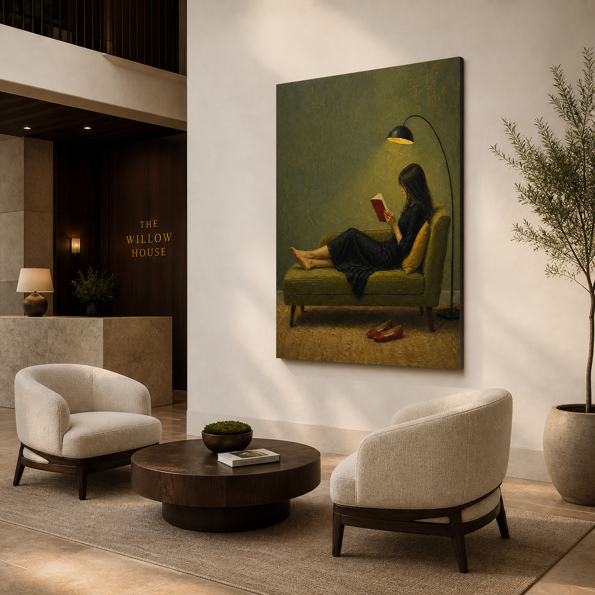 Woman reading wall art featuring a barefoot reader in a black dress reclining on an olive green chaise with a red book.
