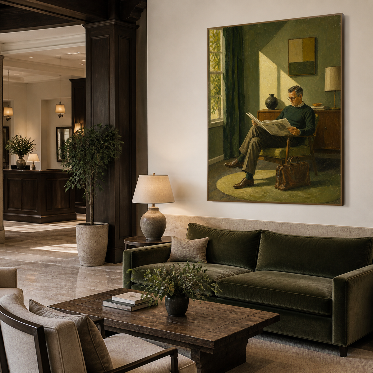 Man reading wall art featuring a bespectacled gentleman reading a newspaper in an armchair beside a brown leather briefcase.