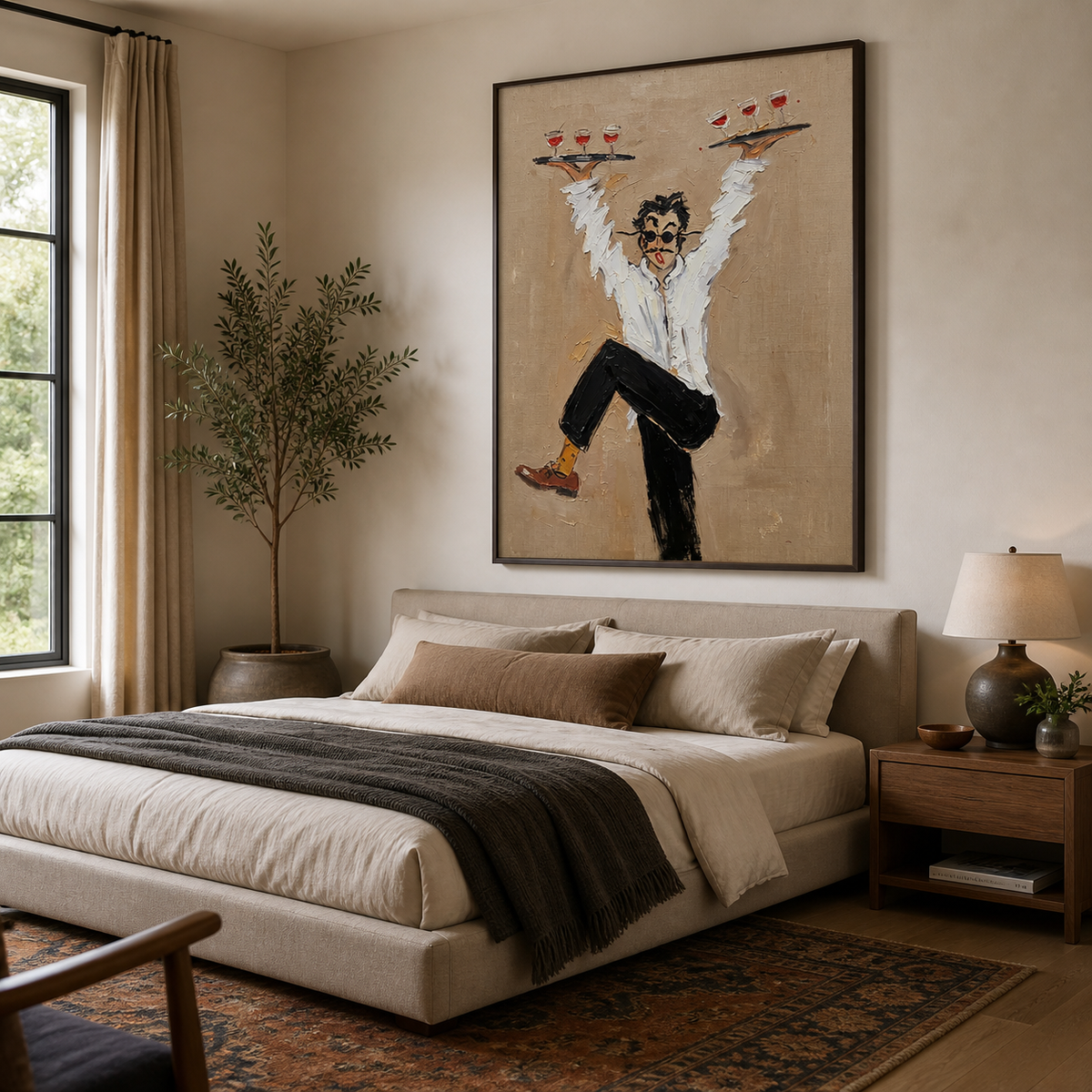 Funny waiter wall art showing a server balancing two trays of wine glasses displayed above a brown leather sofa.