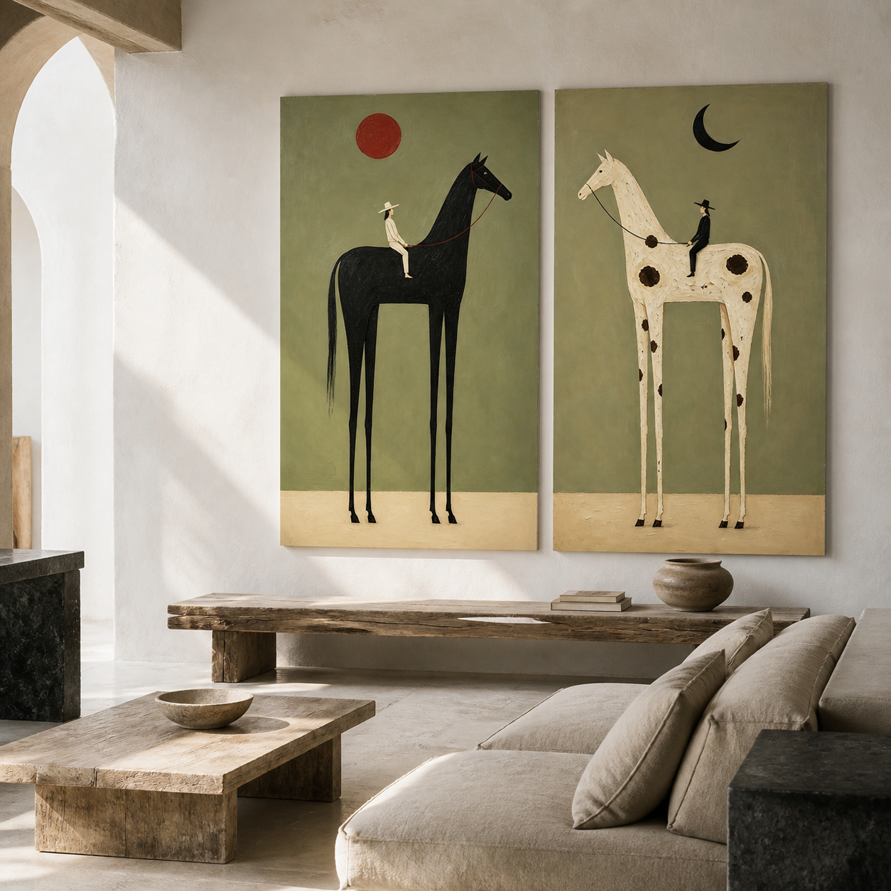Vintage Americana horse wall art set of two featuring riders on black and white horses beneath a red sun and black crescent moon.