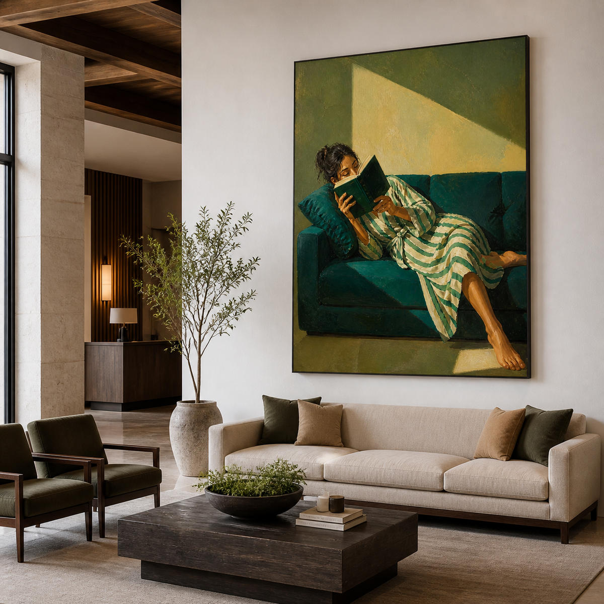 Woman reading wall art featuring a barefoot reader in a striped robe reclining on a deep teal sofa with a dark green book.