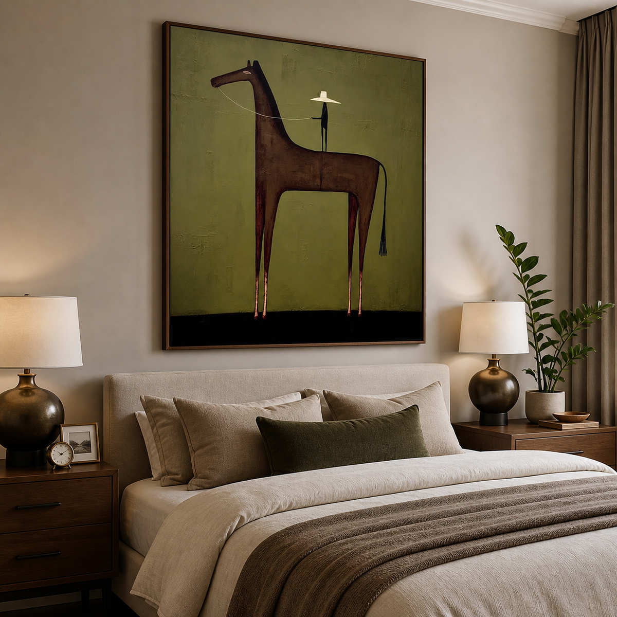 Vertical Western horse wall art with a dark brown horse and cowboy figure against an olive-green background above a sofa.