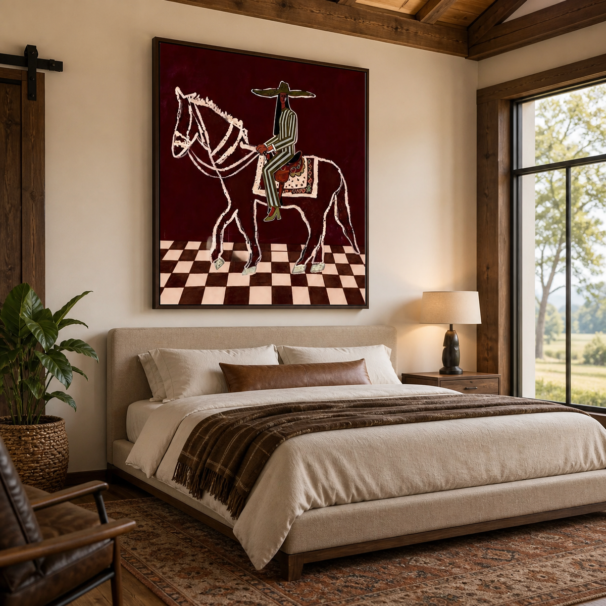 Skeleton cowboy wall art with a rider on a white skeletal horse displayed above an entryway console.