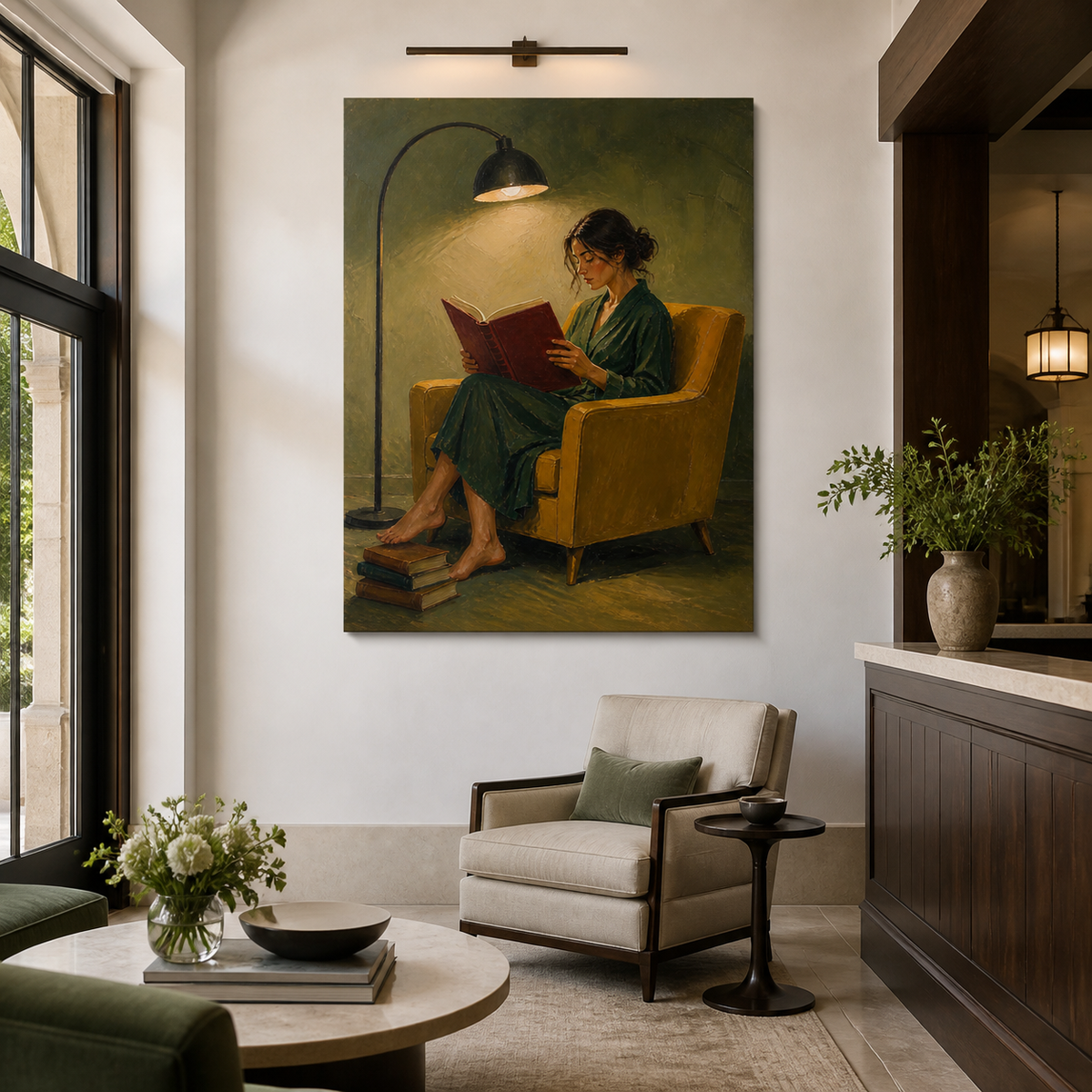Woman reading wall art featuring a reader in a green dress seated in a mustard yellow armchair beneath a curved floor lamp.