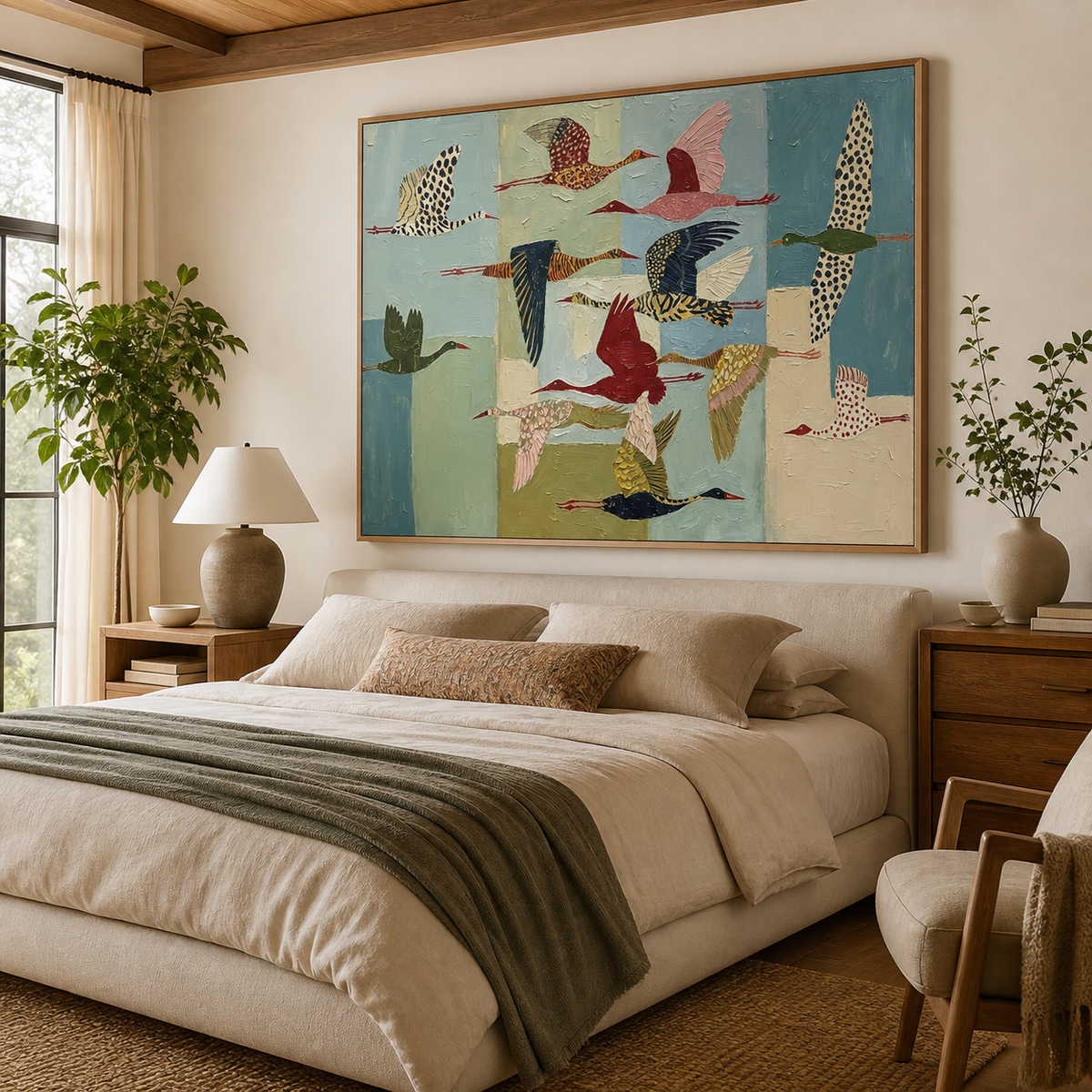 Colorful flying birds wall art with a patterned flock crossing a blue and green background displayed above a sofa.
