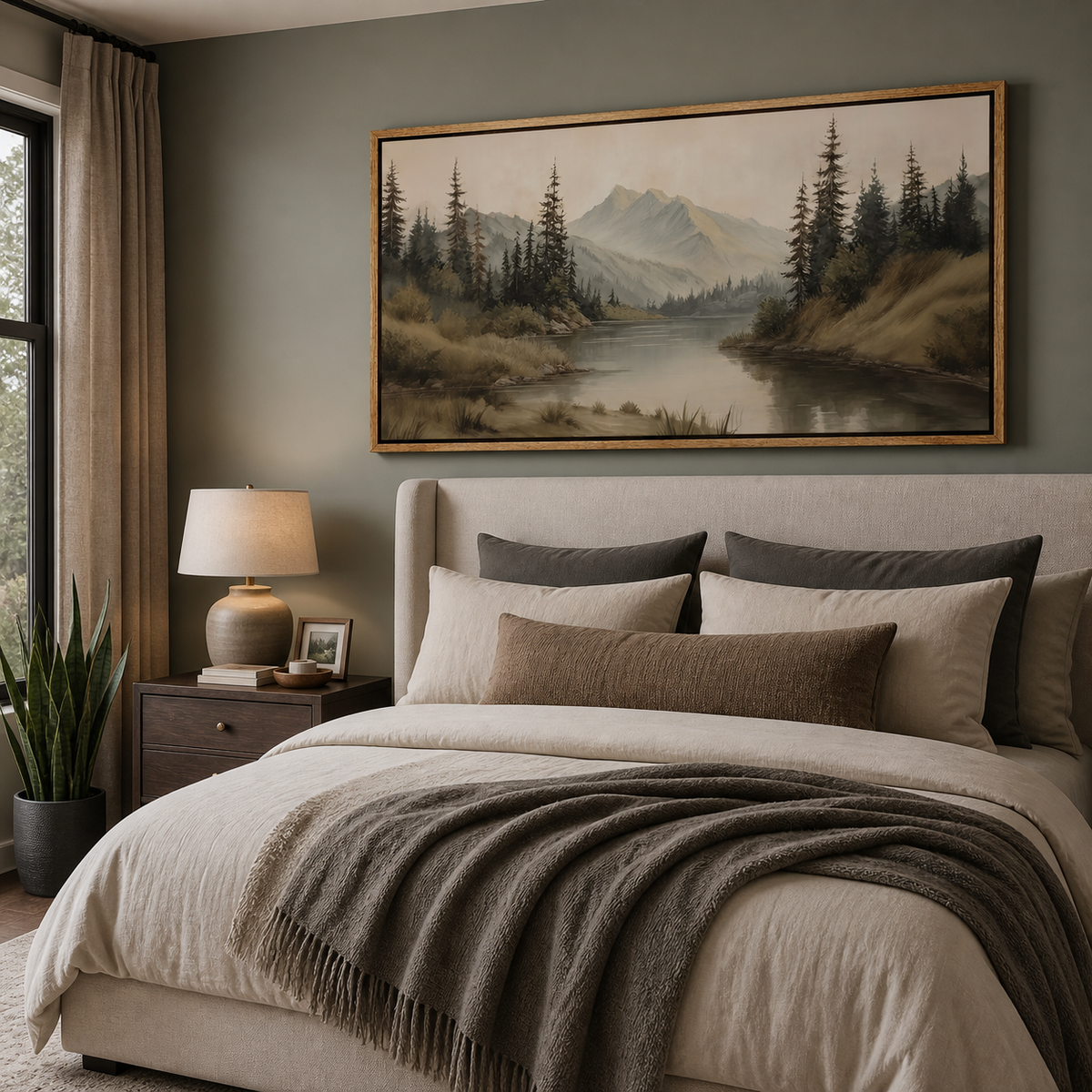 Panoramic mountain lake wall art with tall pine trees and distant peaks displayed above a neutral living room sofa.