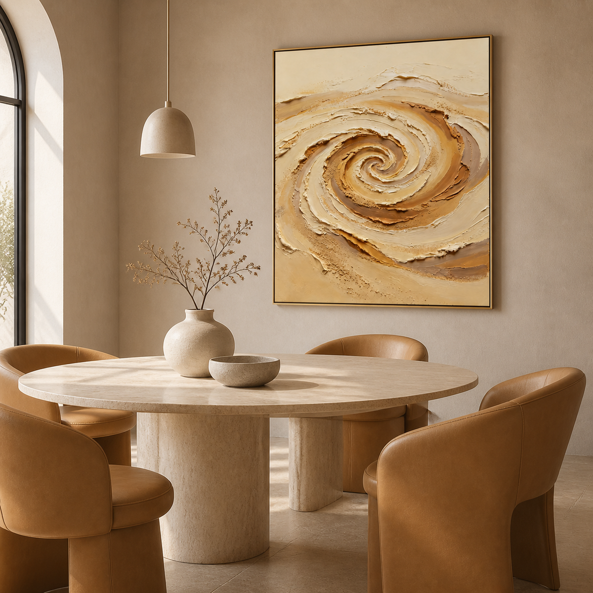 Neutral textured wall art featuring a raised beige, ivory, and taupe spiral with sand-like granular details.