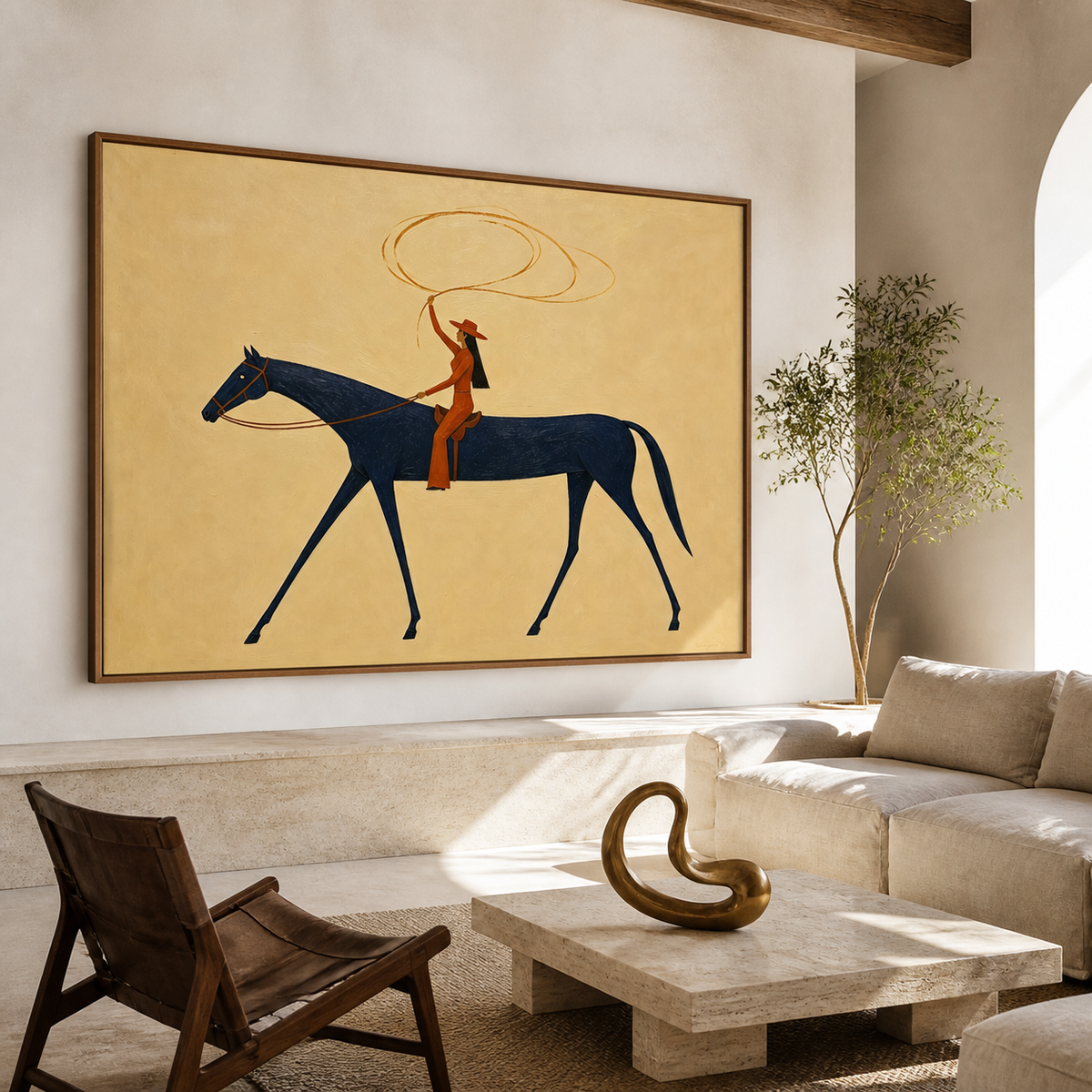 Vintage Americana cowgirl wall art featuring a Western rider swinging a lasso while riding a navy blue horse against a textured cream background.