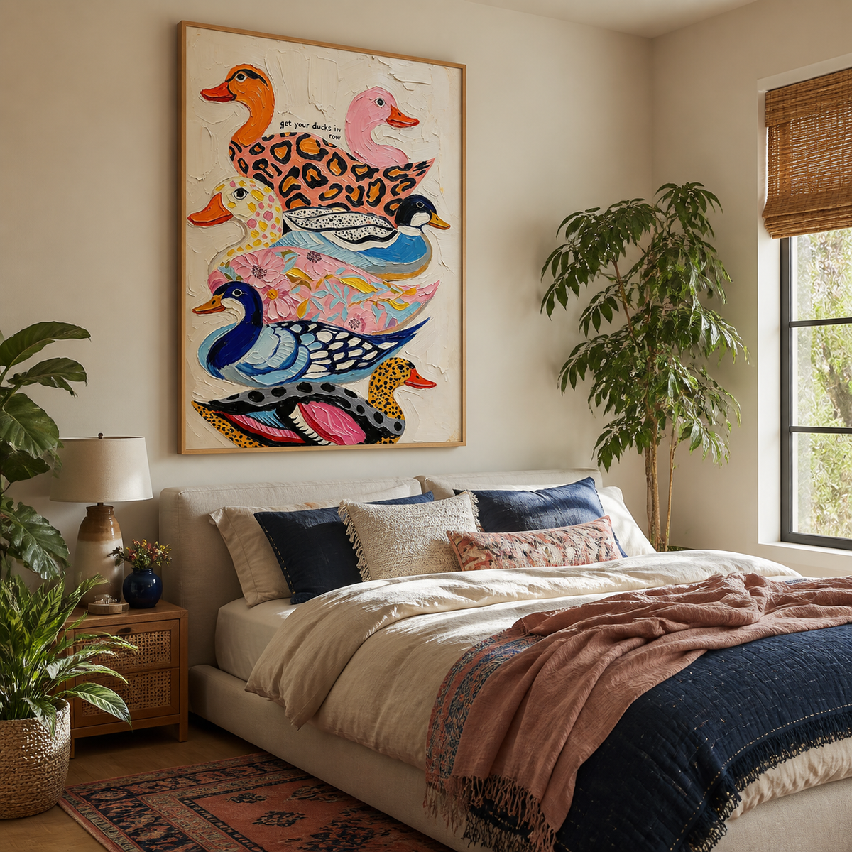 Colorful duck wall art with four patterned birds stacked vertically displayed above a neutral sofa.