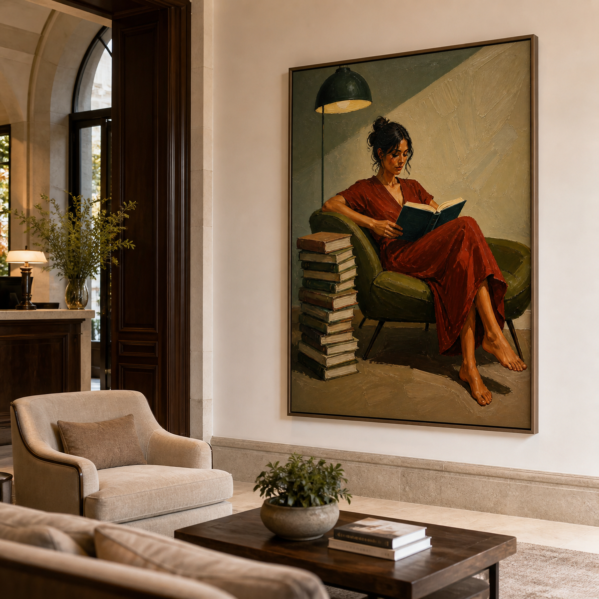 Woman reading wall art featuring a barefoot reader in a brick-red dress seated in an olive armchair beside a tall stack of books.