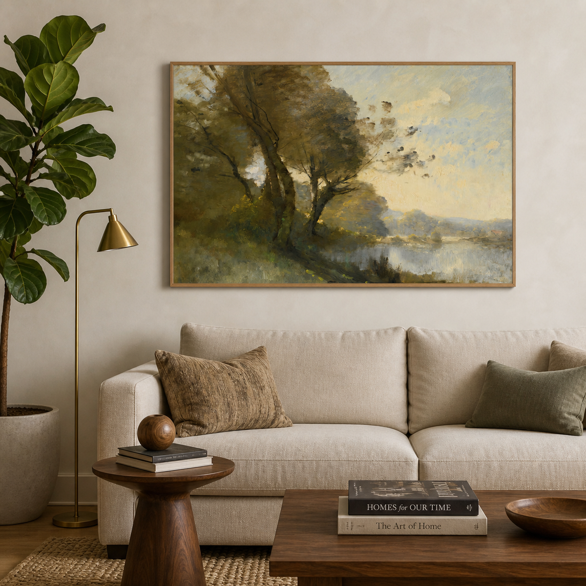 Lakeside landscape wall art with windswept green trees, reflective water and distant hills displayed above a wooden dining sideboard.