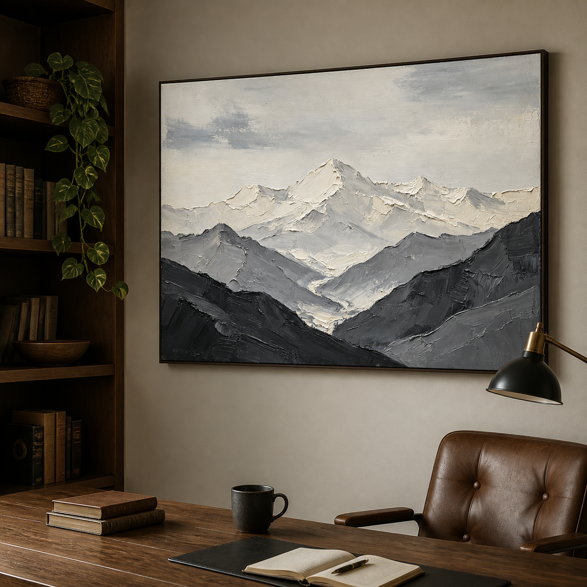 Black and white textured mountain landscape wall art with snowy peaks and layered gray valleys.