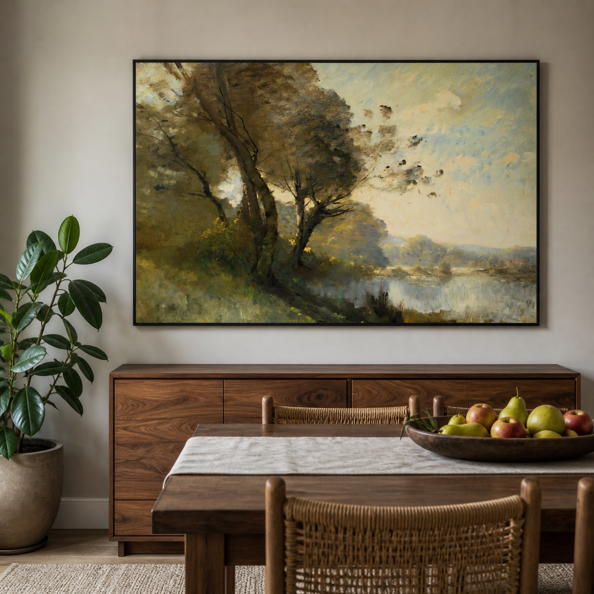 Lakeside landscape wall art with windswept green trees, reflective water and distant hills displayed above a wooden dining sideboard.