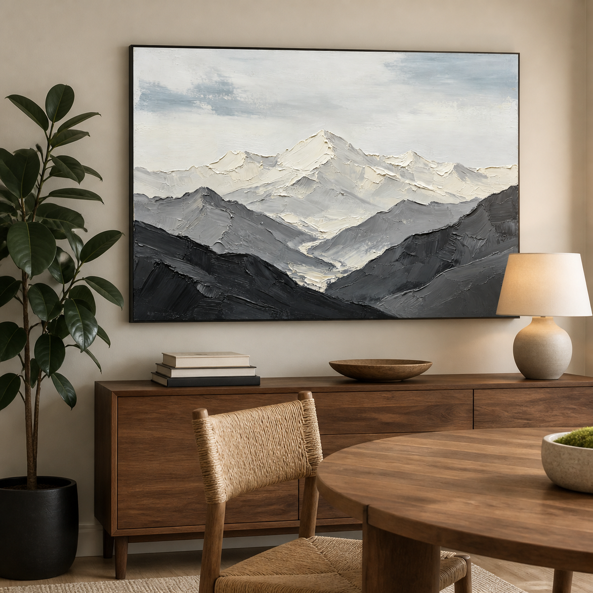 Black and white textured mountain landscape wall art with snowy peaks and layered gray valleys.