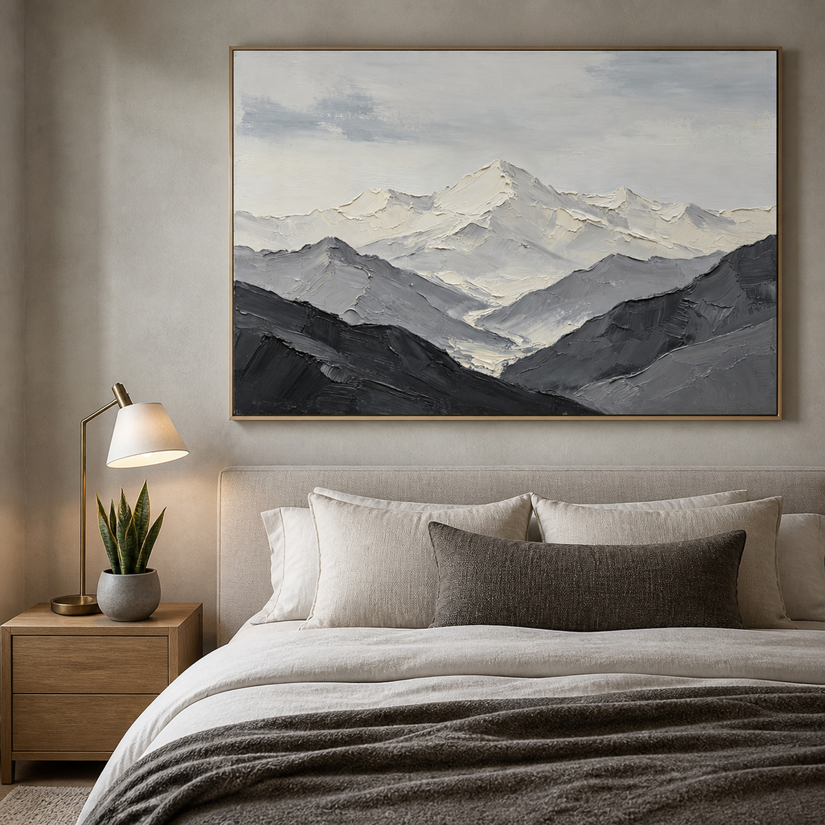 Black and white textured mountain landscape wall art with snowy peaks and layered gray valleys.