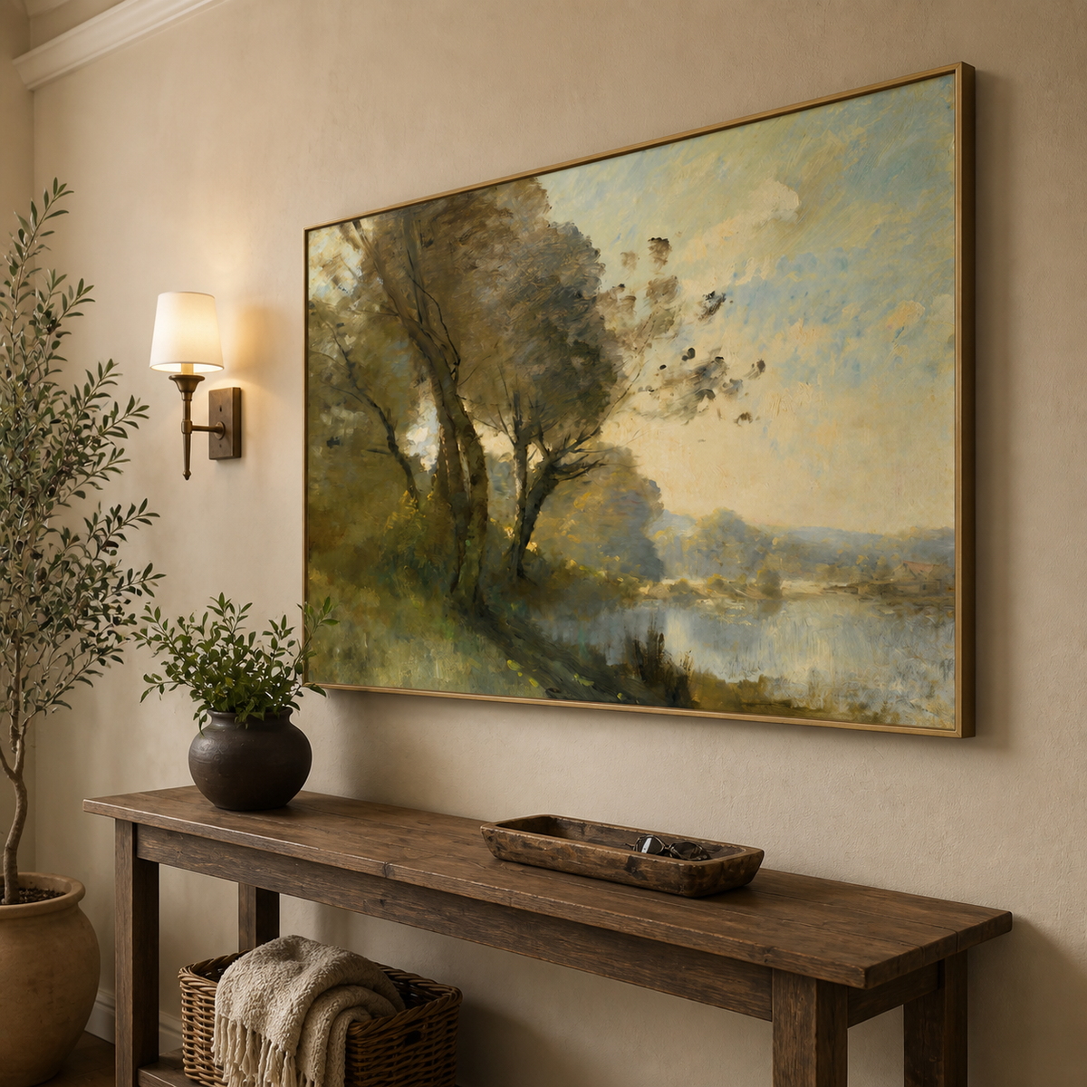 Lakeside landscape wall art with windswept green trees, reflective water and distant hills displayed above a wooden dining sideboard.