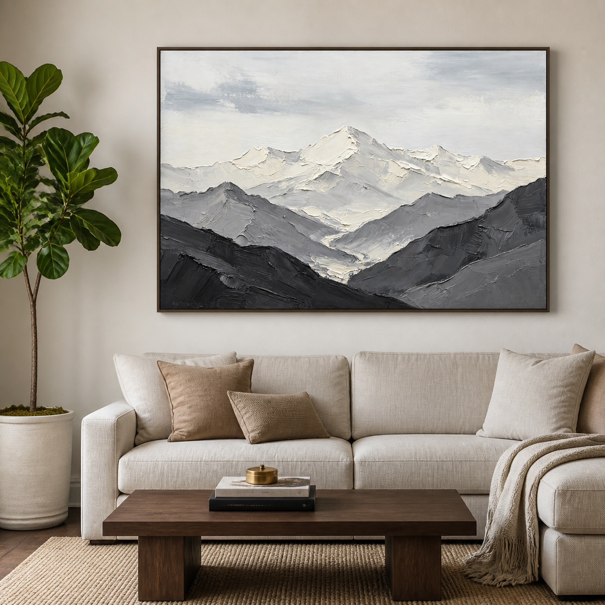 Black and white textured mountain landscape wall art with snowy peaks and layered gray valleys.