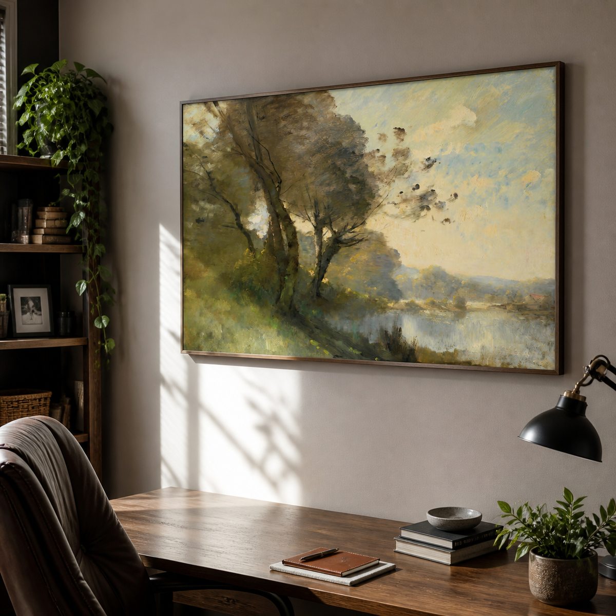 Lakeside landscape wall art with windswept green trees, reflective water and distant hills displayed above a wooden dining sideboard.