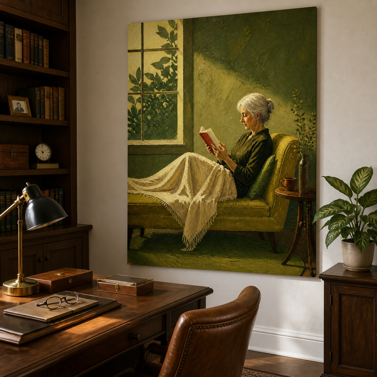 Elderly woman reading wall art featuring a silver-haired reader with a red book resting on an olive green chaise beside a sunlit window.