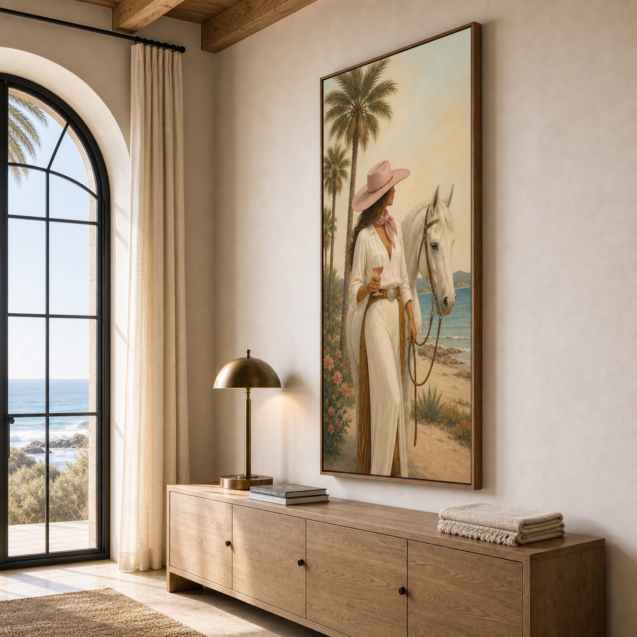 Coastal Cowgirl Escape | Hand-Painted Coastal Cowgirl & Horse Wall Art | Western Oil Painting