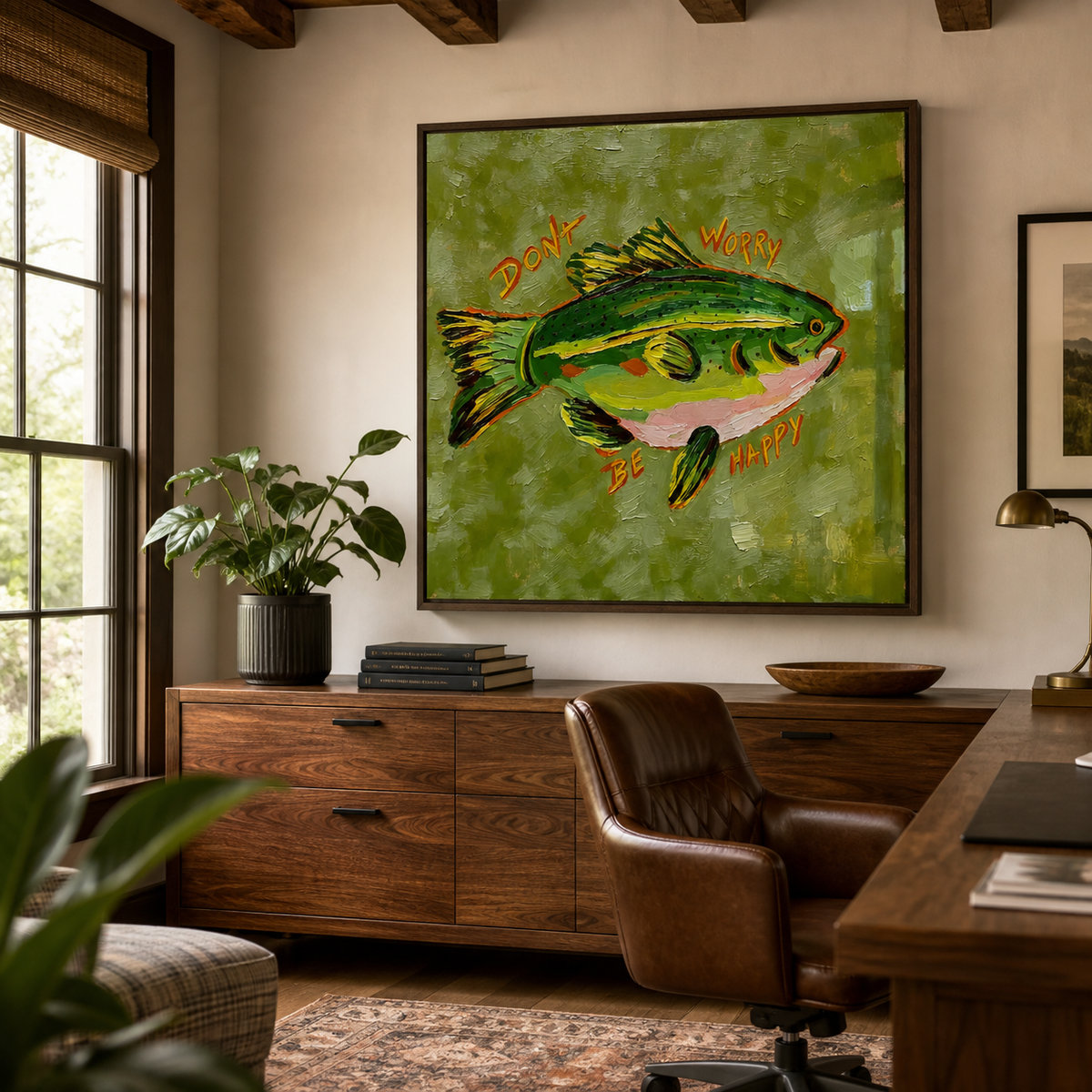 Green fish wall art with orange Don’t Worry Be Happy lettering displayed above a brown leather sofa.