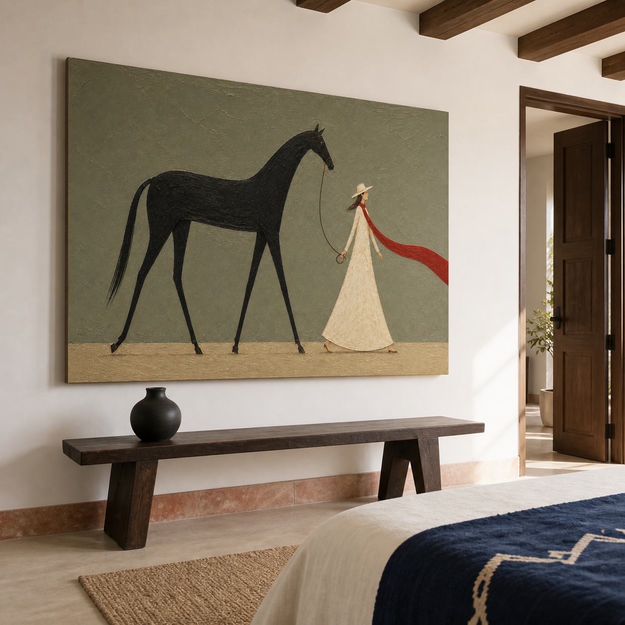 Vintage Americana woman and horse wall art featuring a woman in a cream dress walking a black horse with a long red scarf against a gray-green background.