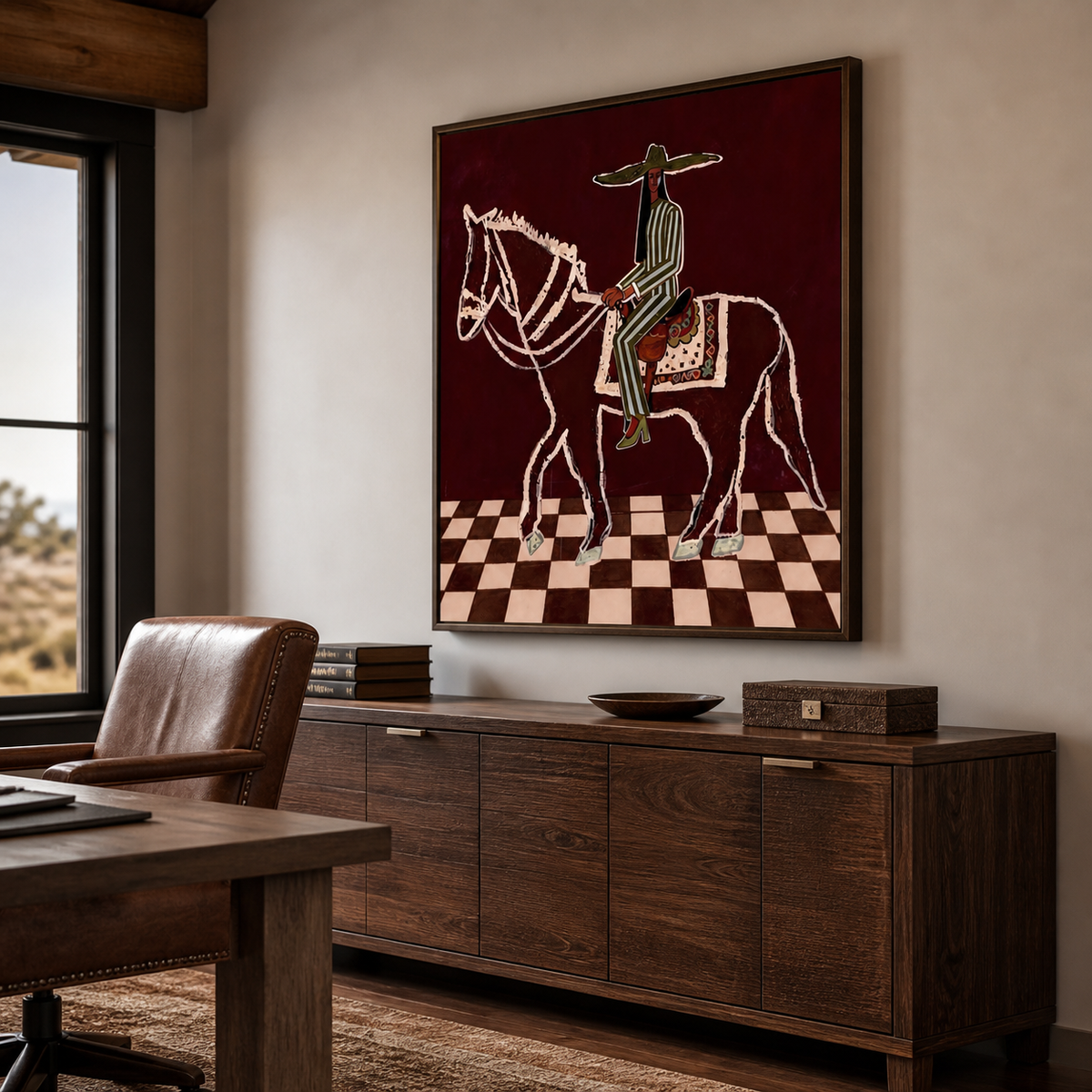 Skeleton cowboy wall art with a rider on a white skeletal horse displayed above an entryway console.