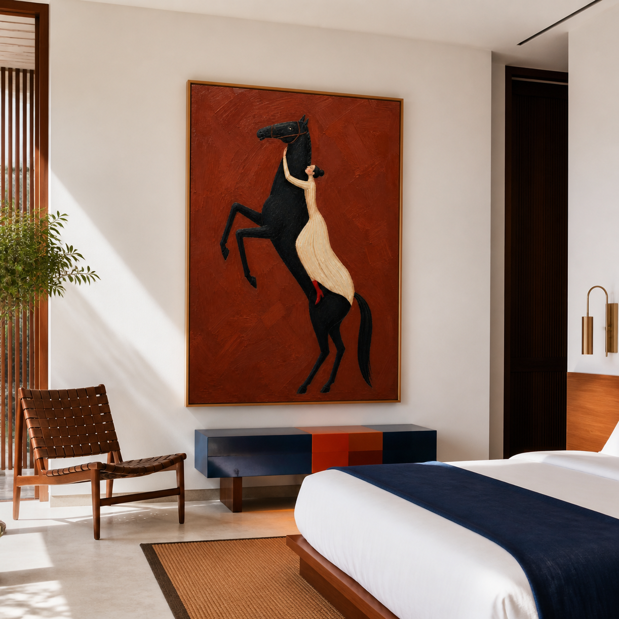 Vintage Americana woman and horse wall art featuring a woman in a cream dress embracing a rearing black horse against a crimson red background.