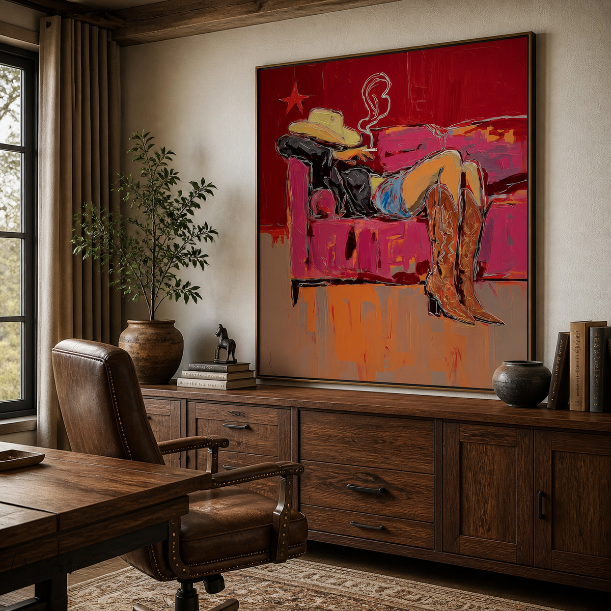 Reclining cowgirl wall art with a woman in a cowboy hat and brown boots resting on a pink sofa above an entryway console.