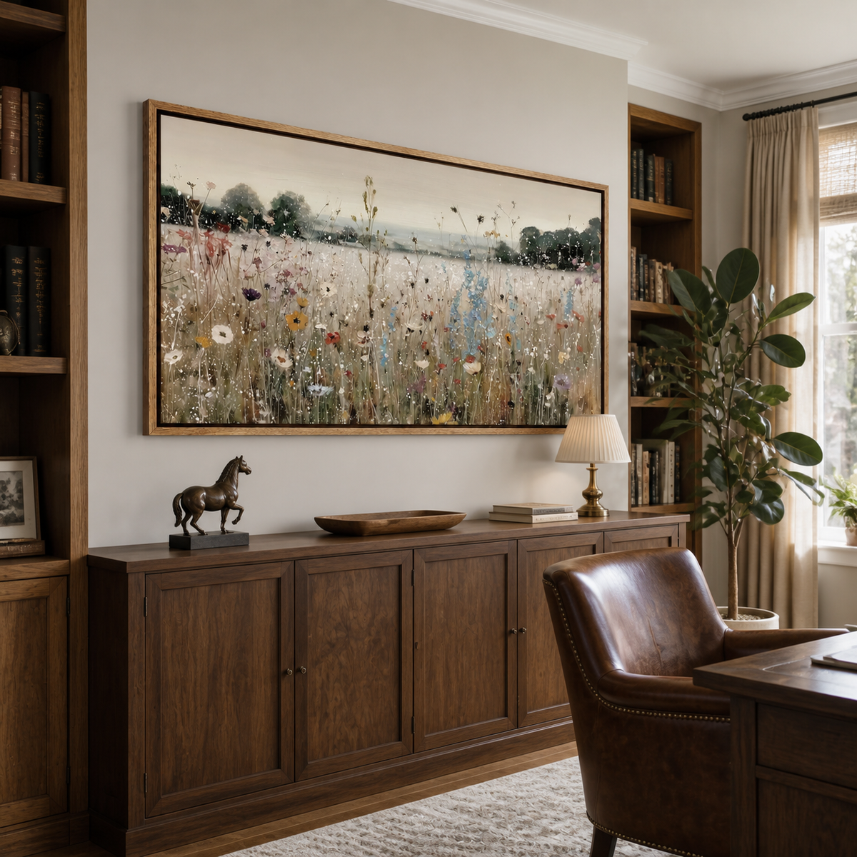 Panoramic wildflower meadow wall art with white, blue and coral flowers displayed above a neutral living room sofa.