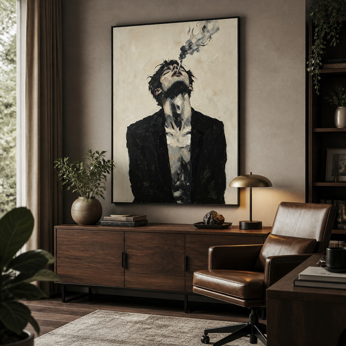 Moody man portrait wall art showing a dark-suited figure exhaling smoke displayed above a neutral sofa.
