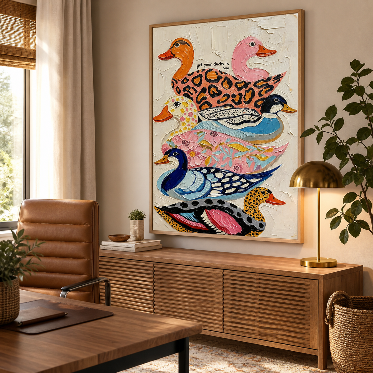 Colorful duck wall art with four patterned birds stacked vertically displayed above a neutral sofa.