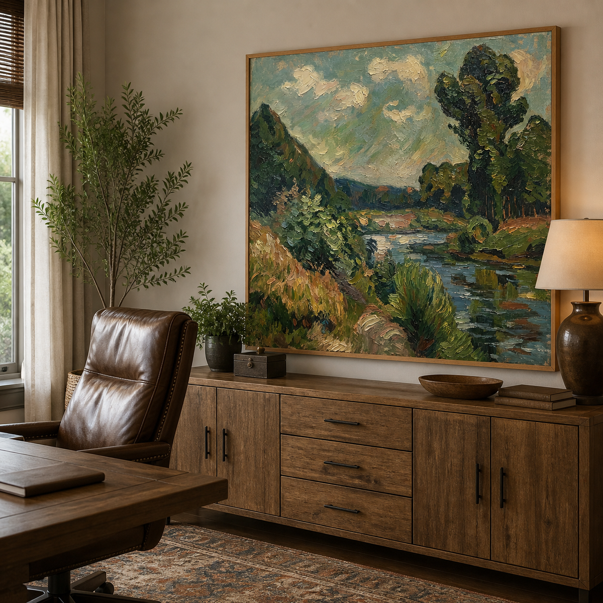 River landscape wall art with green trees, flowering banks and distant blue hills displayed above a leather sofa.