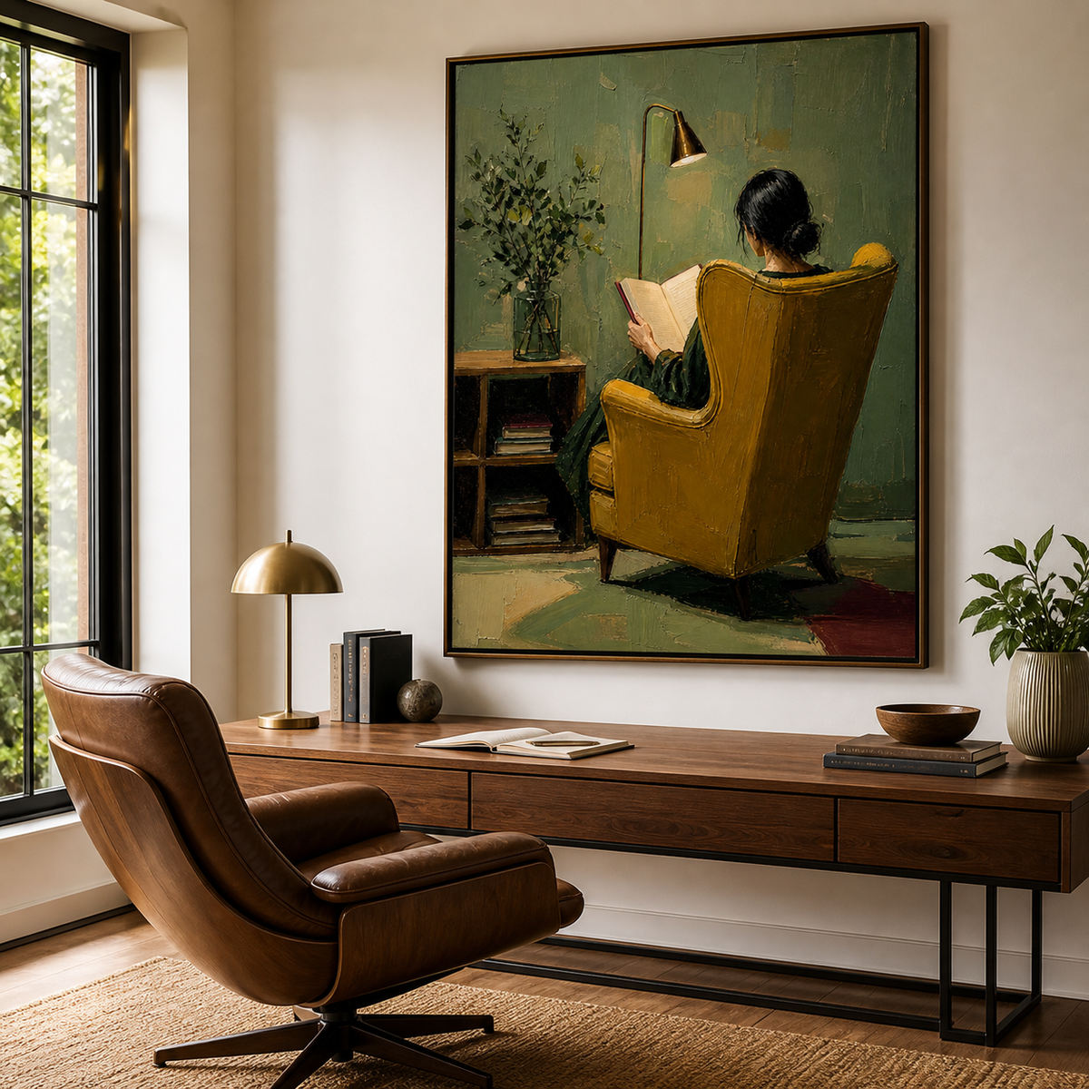 Woman reading wall art showing the back view of a reader in a mustard yellow chair beneath a brass lamp against an olive green wall.