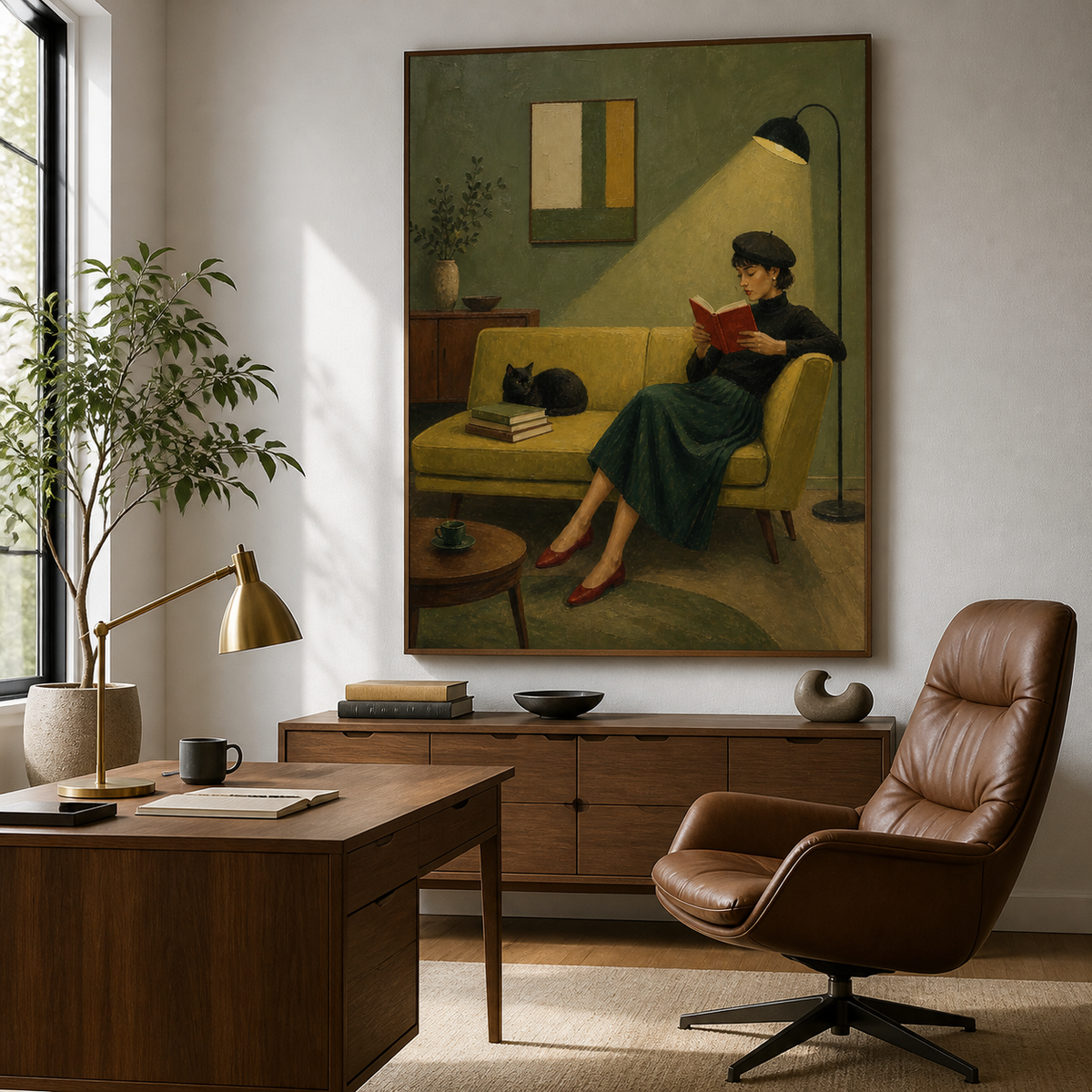 Woman reading with cat wall art featuring a reader holding a red book on a mustard yellow sofa beside a black cat and stacked books.