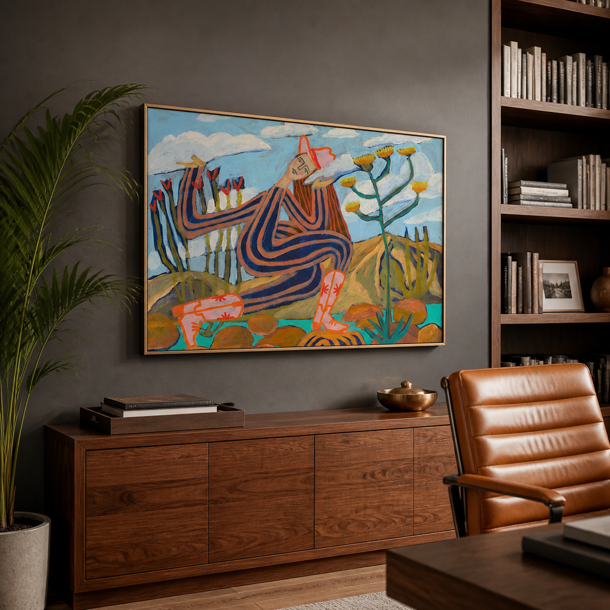 Colorful Southwestern figurative wall art with a seated striped figure, cactus plants and desert flowers above a sofa.