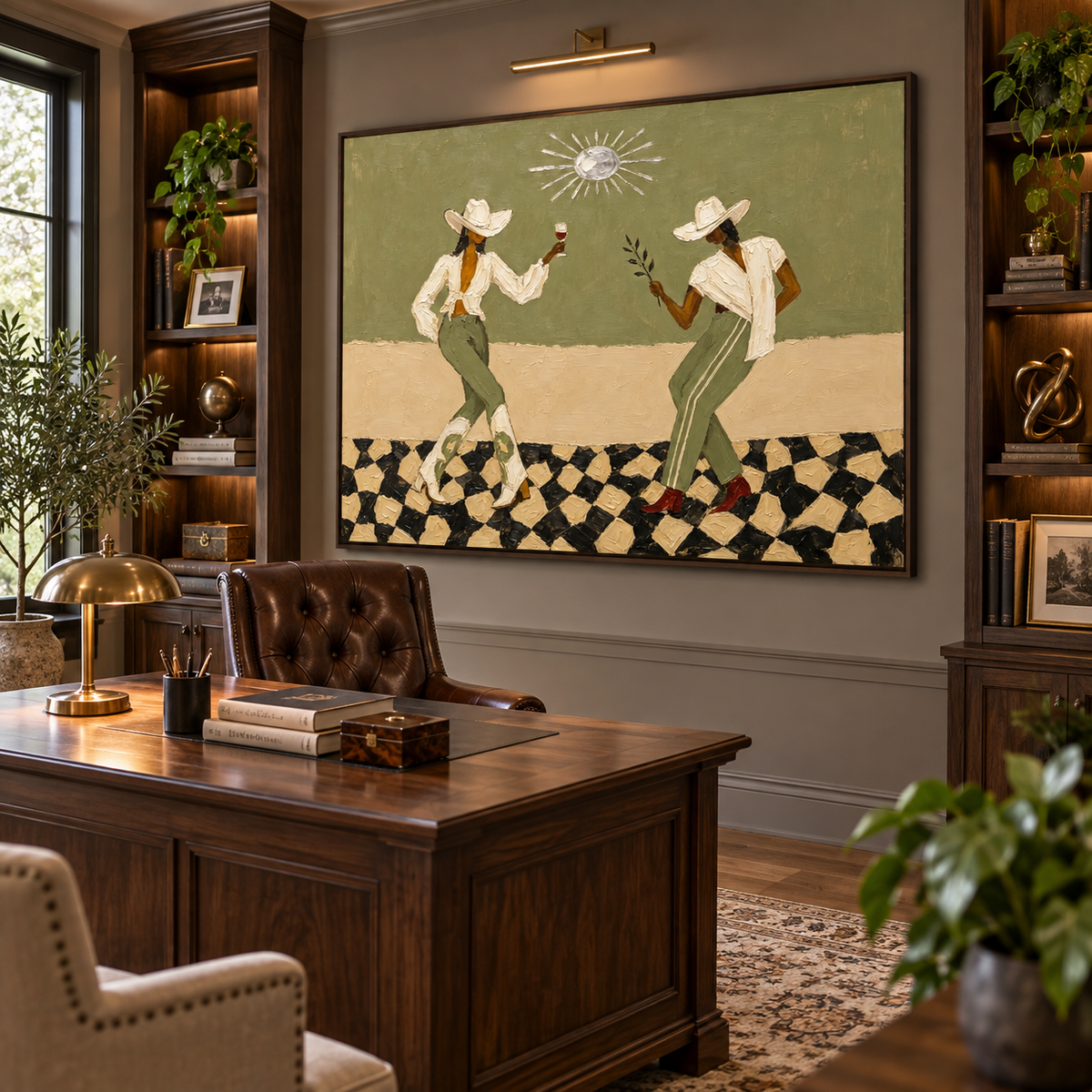 Two cowgirls in white hats and sage-green pants dancing with a wine glass and leafy branch on a checkerboard floor.