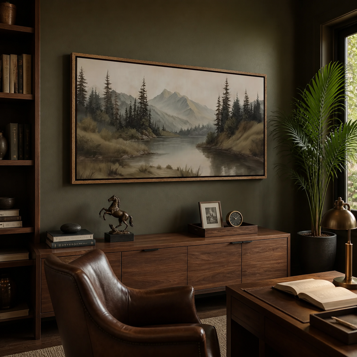 Panoramic mountain lake wall art with tall pine trees and distant peaks displayed above a neutral living room sofa.
