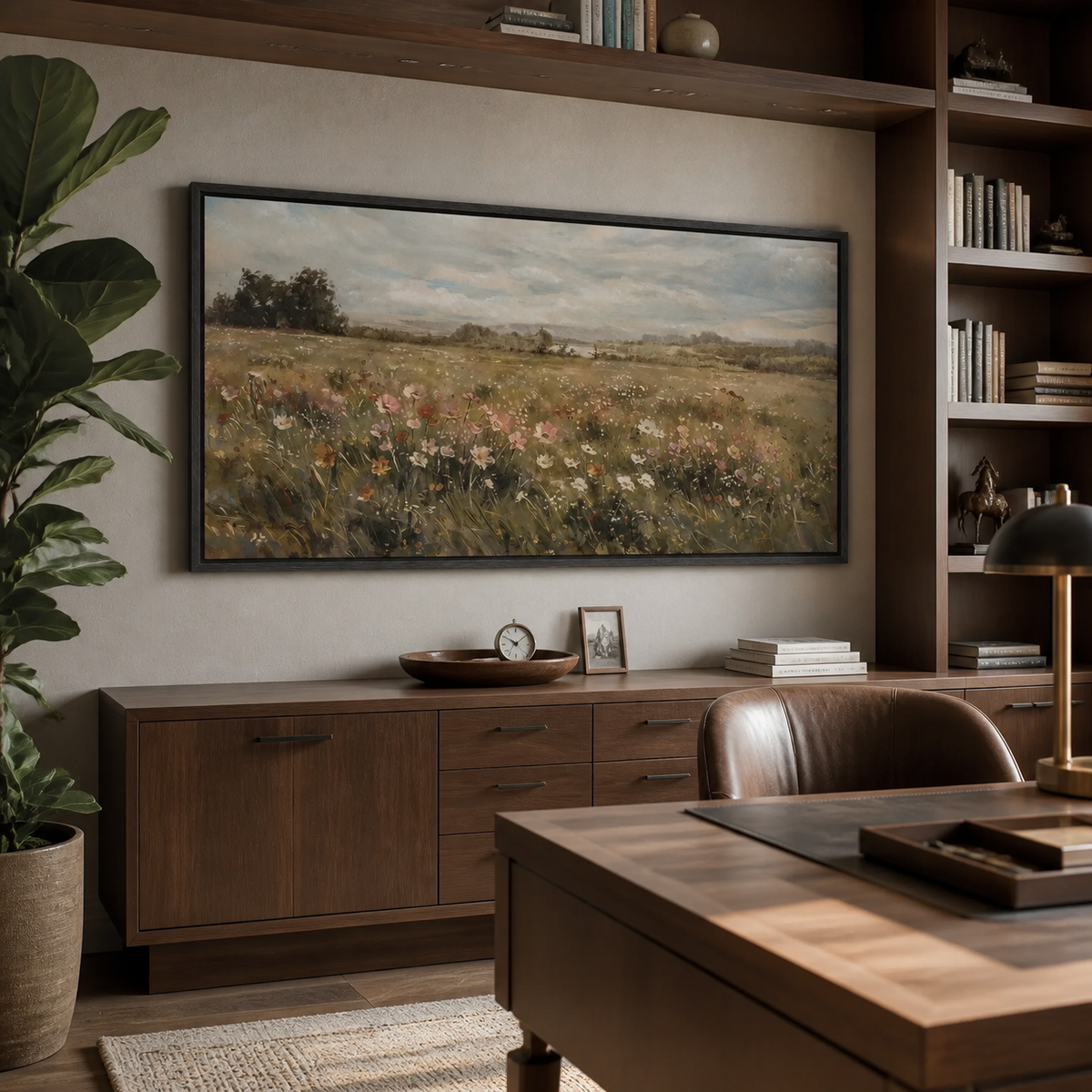 Panoramic neutral wildflower meadow wall art with muted pink and white flowers beneath a cloudy sky, displayed above a living room sofa.