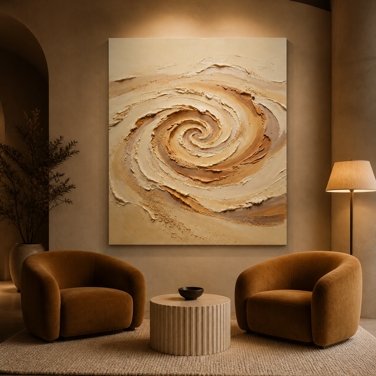 Neutral textured wall art featuring a raised beige, ivory, and taupe spiral with sand-like granular details.