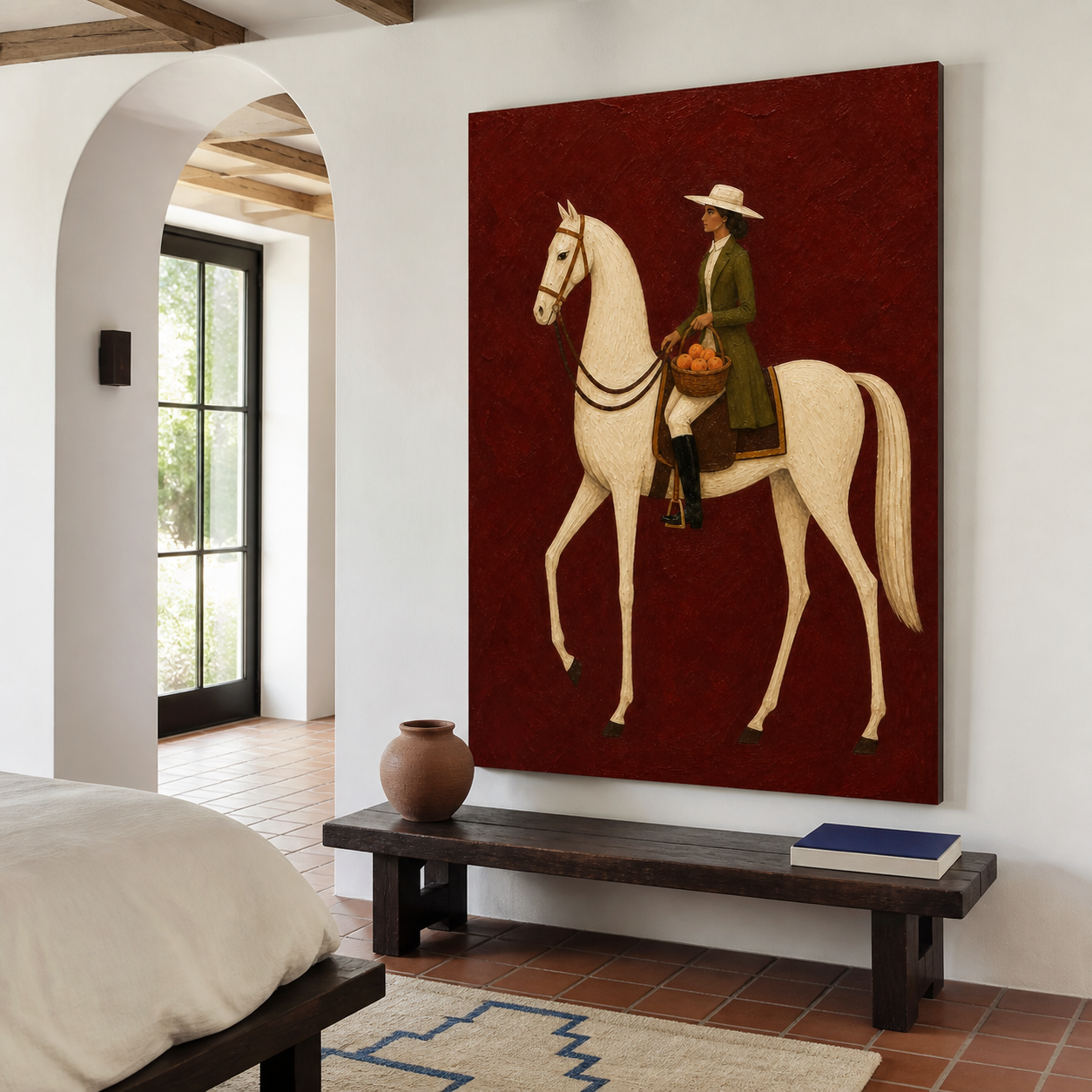 Vintage Americana equestrian art featuring a woman in a green coat riding a white horse and carrying a basket of oranges against a burgundy background.