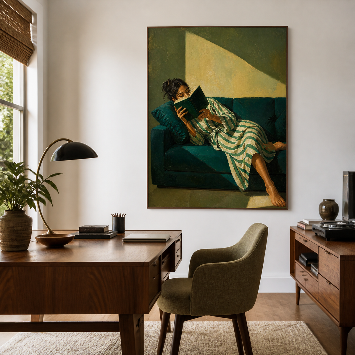 Woman reading wall art featuring a barefoot reader in a striped robe reclining on a deep teal sofa with a dark green book.